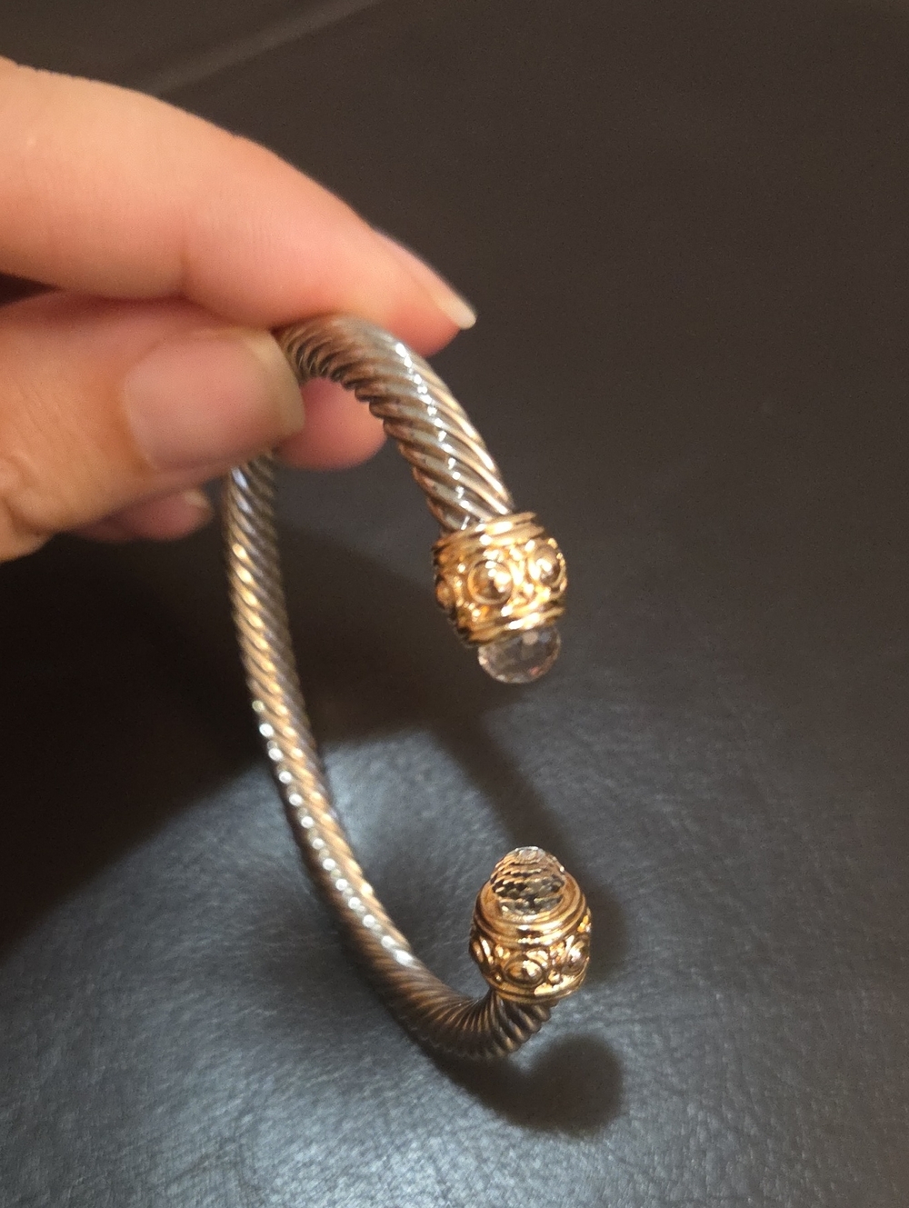 Gold Tone and Silver Tone Cable Cuff Bangle Rope Bracelet With Crystal Accents - Picture 3 of 8